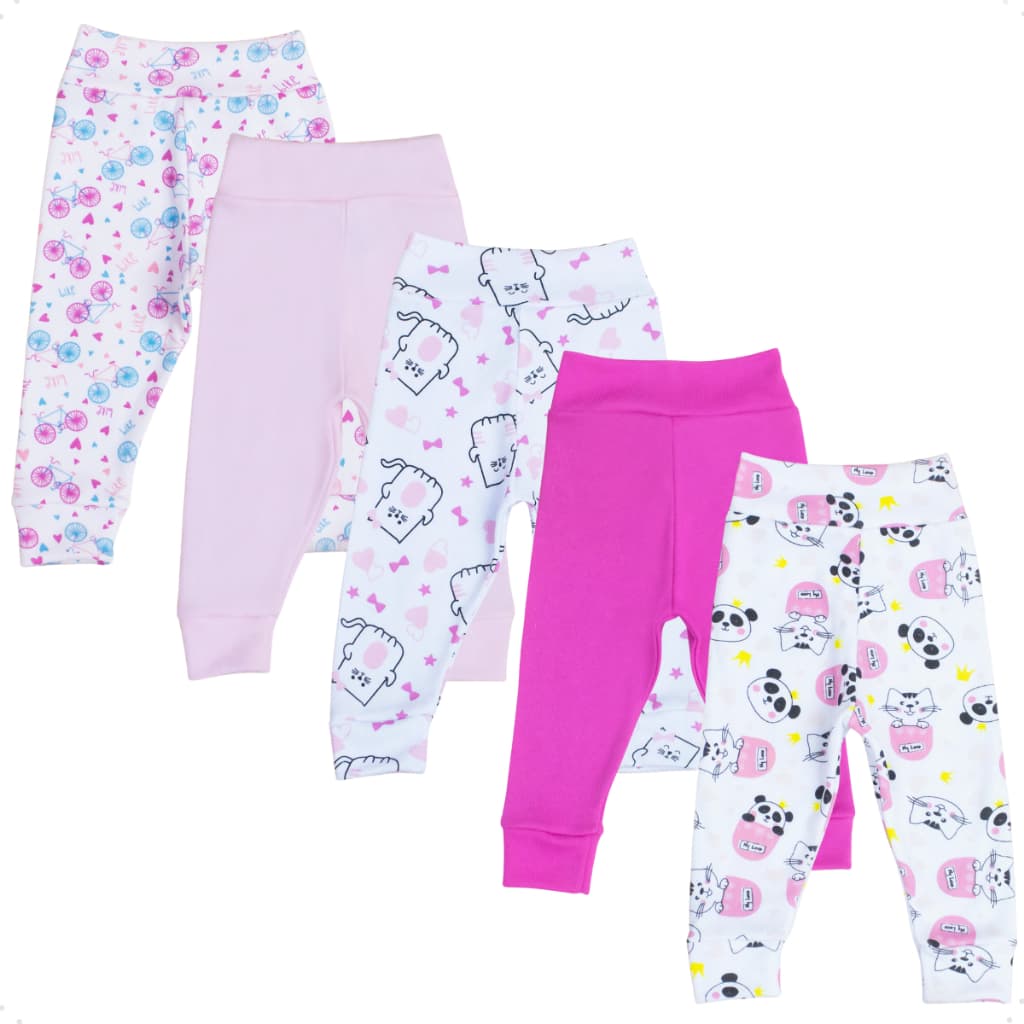 Combo 05 Unidades Calça Mijão Bebê em Malha Ribana Algodão Culote Cós Alto Sem Elástico com Punho
