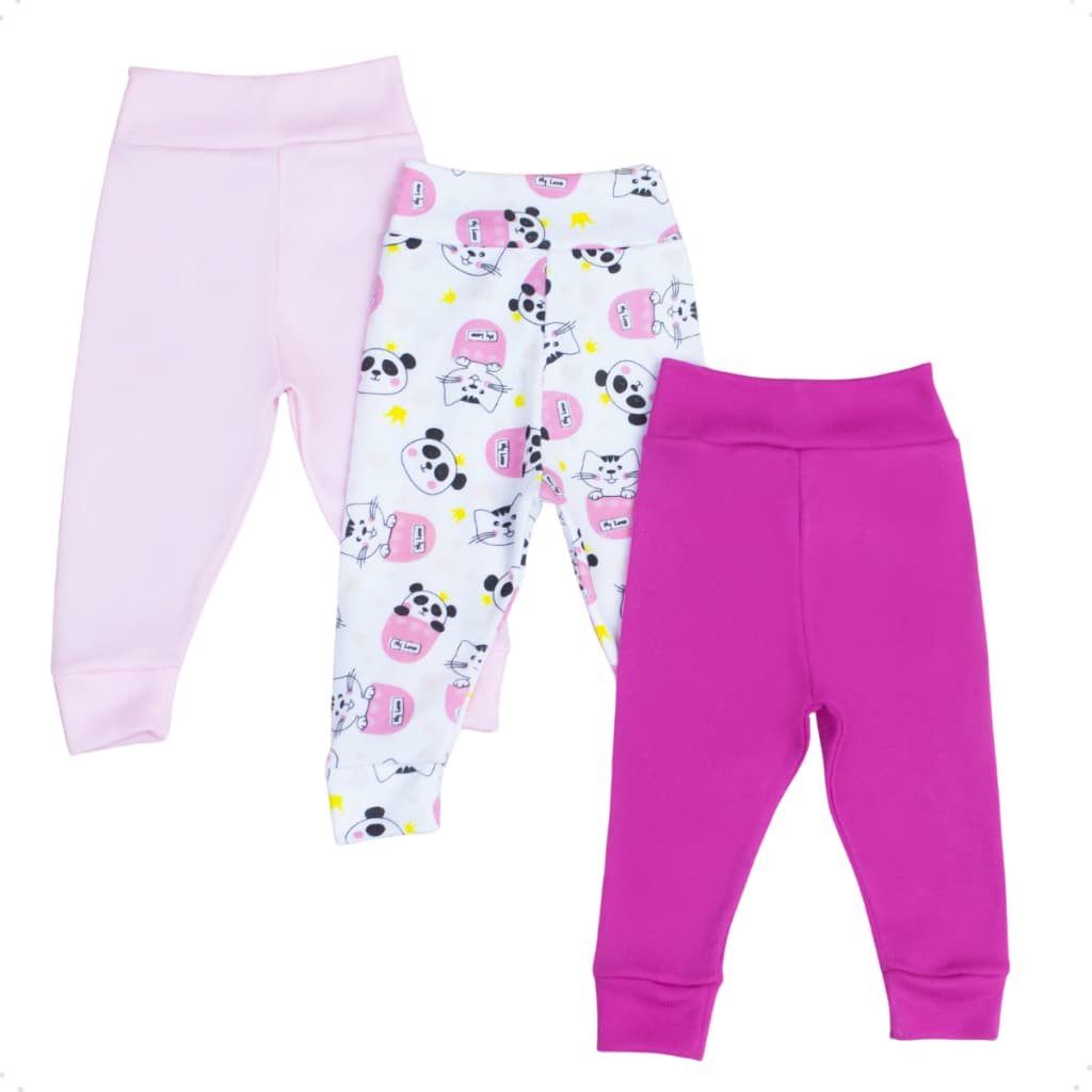 Kit 03 Unidades Calça Mijão Bebê em Malha Ribana 100% Algodão Culote Cós Alto Sem Elástico Conforto