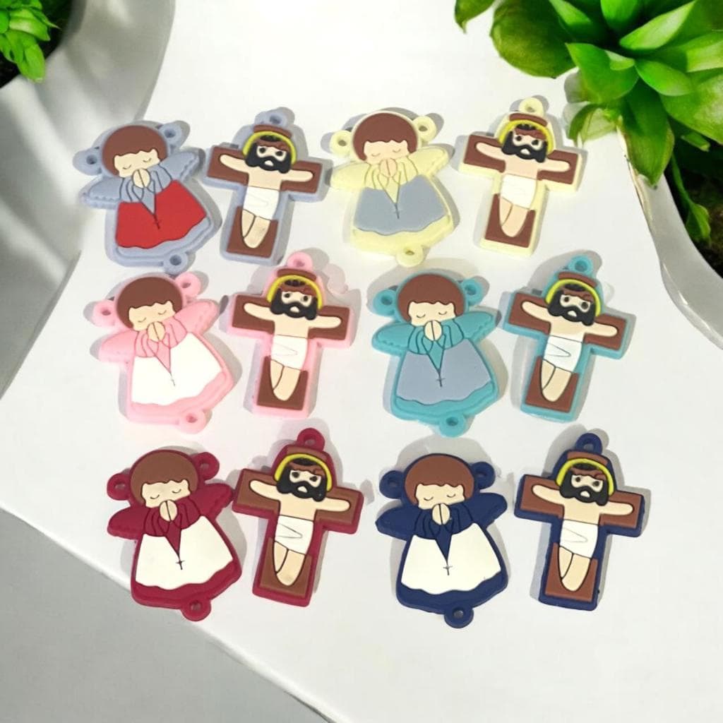 12 Entremeio de anjo + 12 Cruz emborrachado para montagem de Mini terço infantil