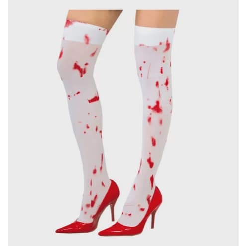 Meia Calça com sangue 7/8 Manchas de Sangue Halloween Feminina Adulto Meia Branca com Manchas