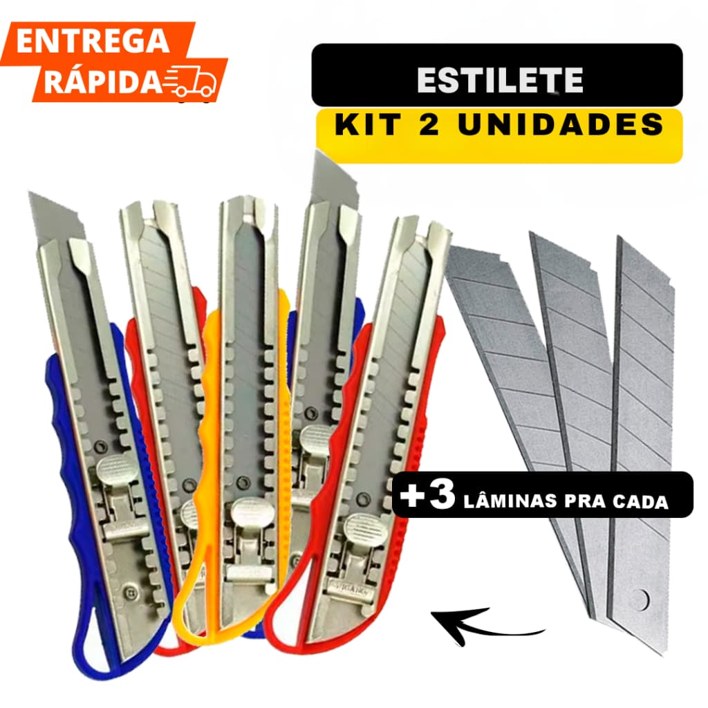 Kit 2 Estilete Com Trava De Segurança 15,5cm Acompanha 06 Lâminas Metal para Cortar - Profissional