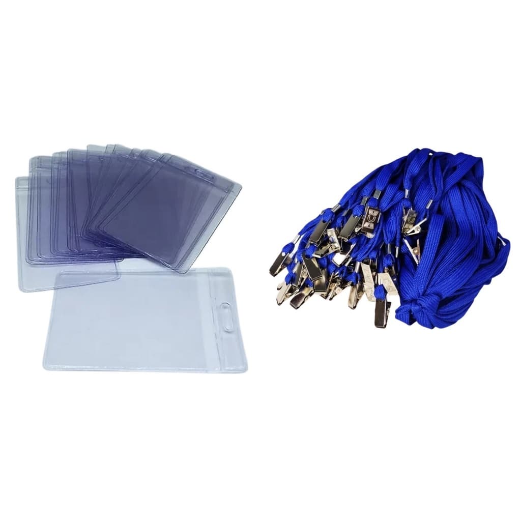 Porta Crachá Pvc Transparente Com 25 Unidades + 25 Cordões Azul