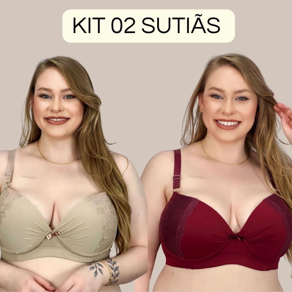 KIT 02 Sutiãs Plus Size Microfibra Reforçado com detalhe em Renda Carol.