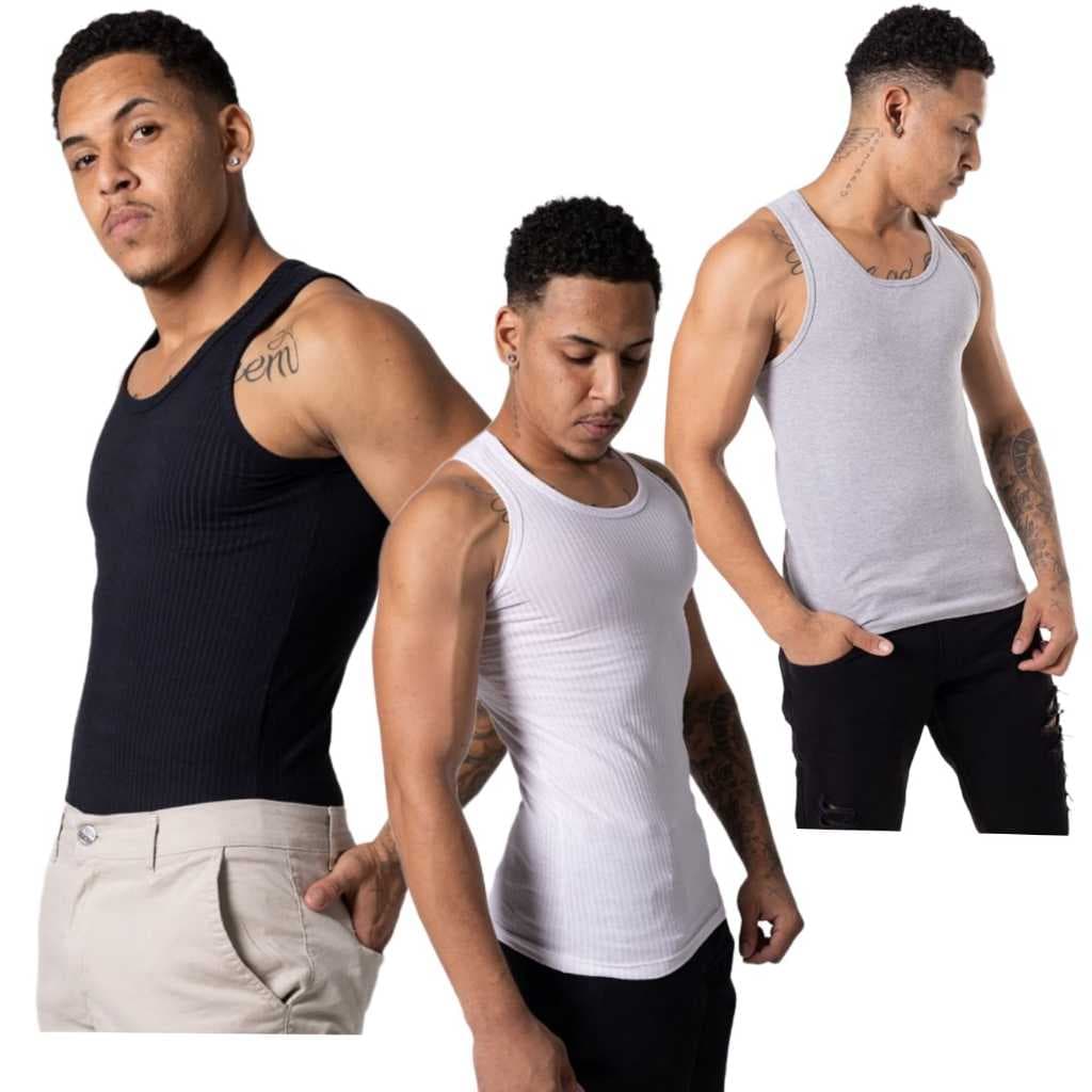 Regata Masculina Modelo Americano Ribana Canelada Algodão e Elastano slim black friday 2025