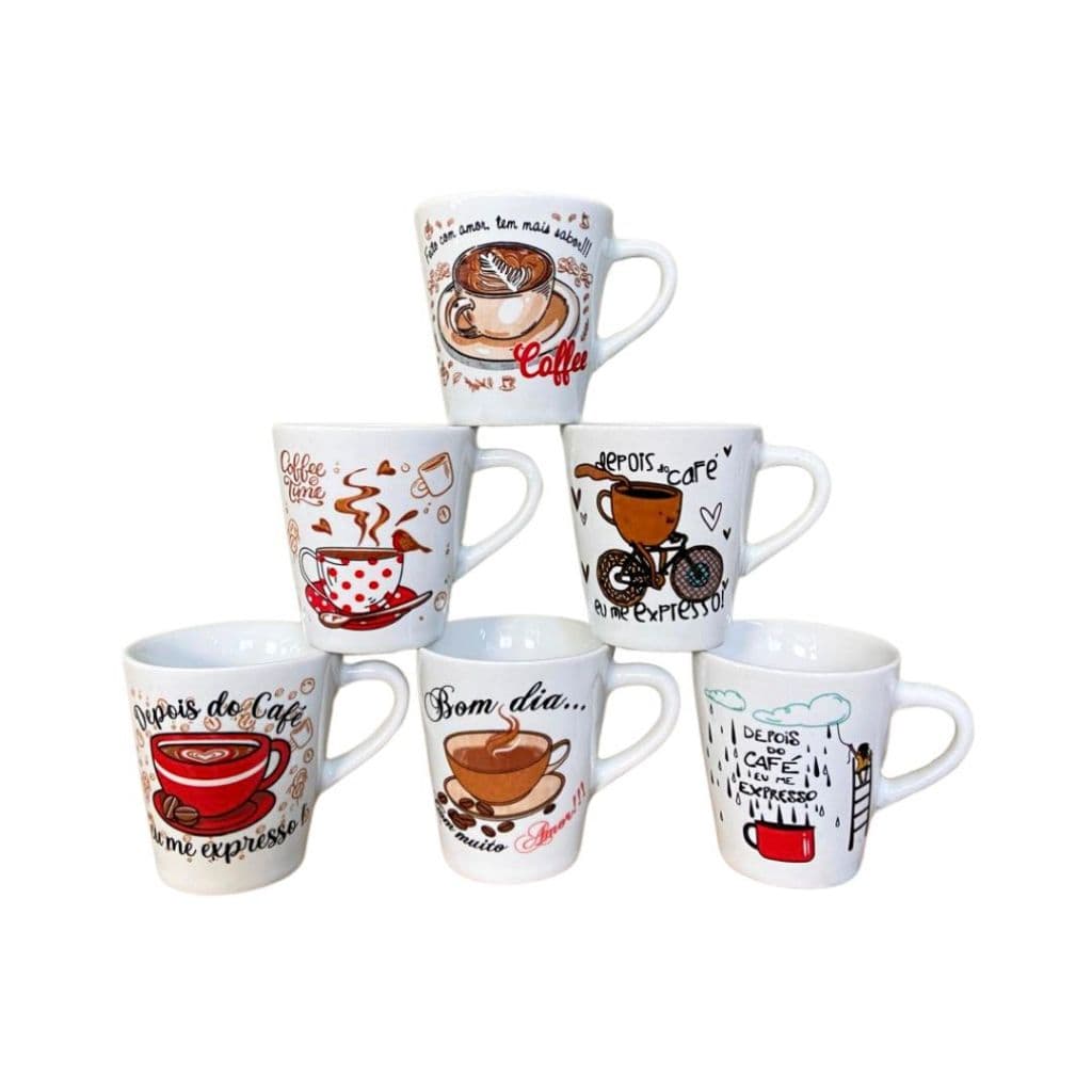 CONJUNTO COM 6 CANECAS DE PORCELANA BRANCA DECORADA CAFÉ 120 ML