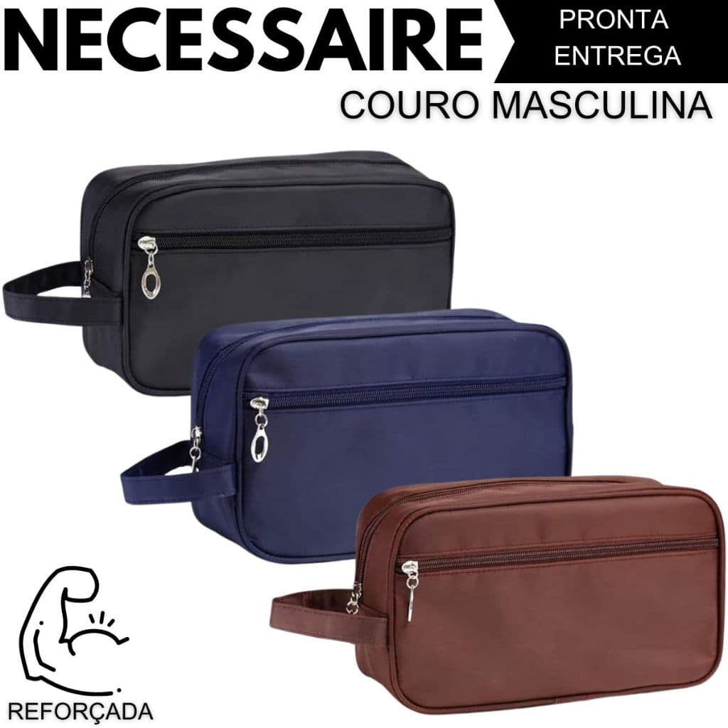 Necessaire Feminina Masculina Com Alça Lateral Organizador Mala Viagem Couro