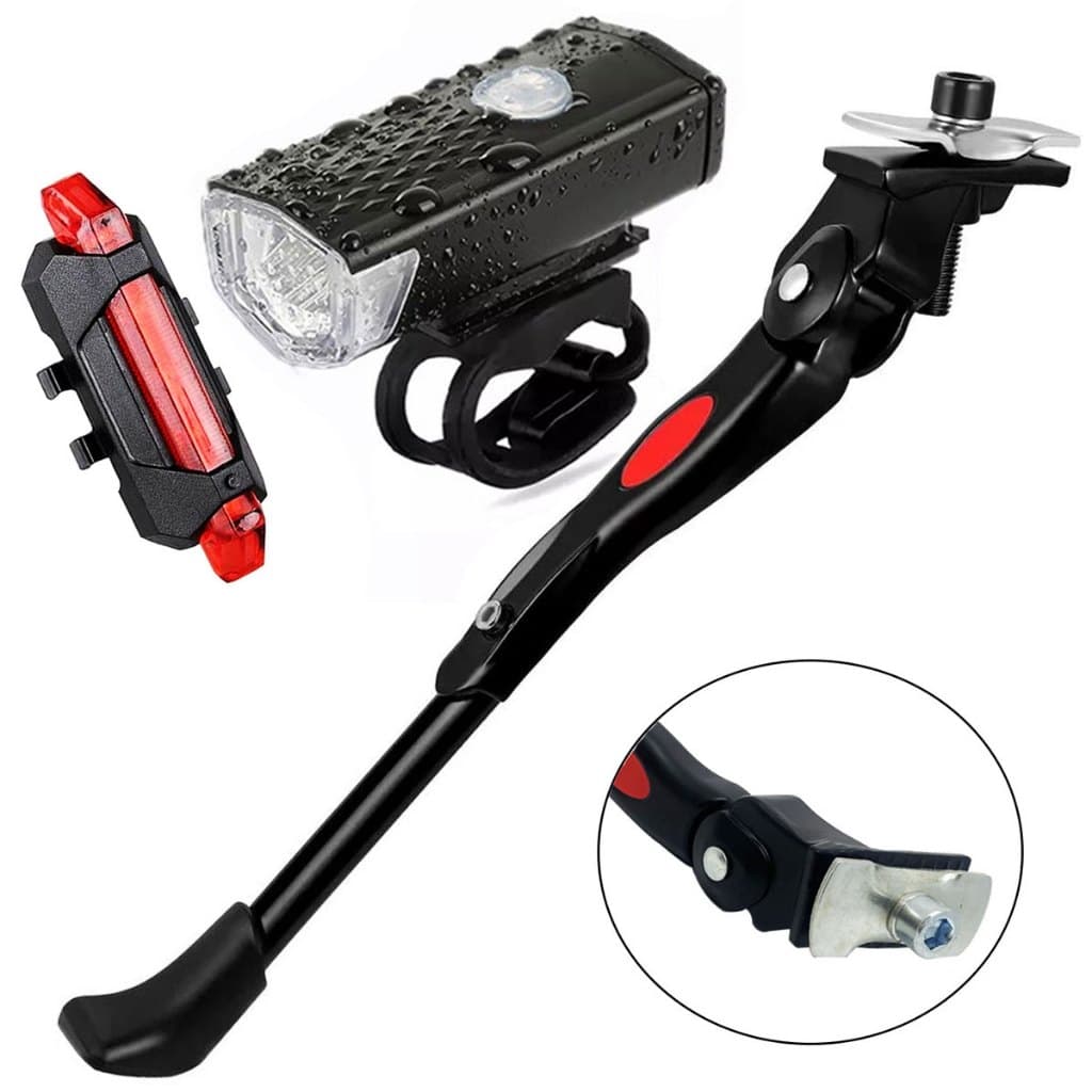 Farol Bike Luz Usb Ciclismo 300 Lumens + Sinalizador Traseira + Pezinho Descanso Central 20 até 29