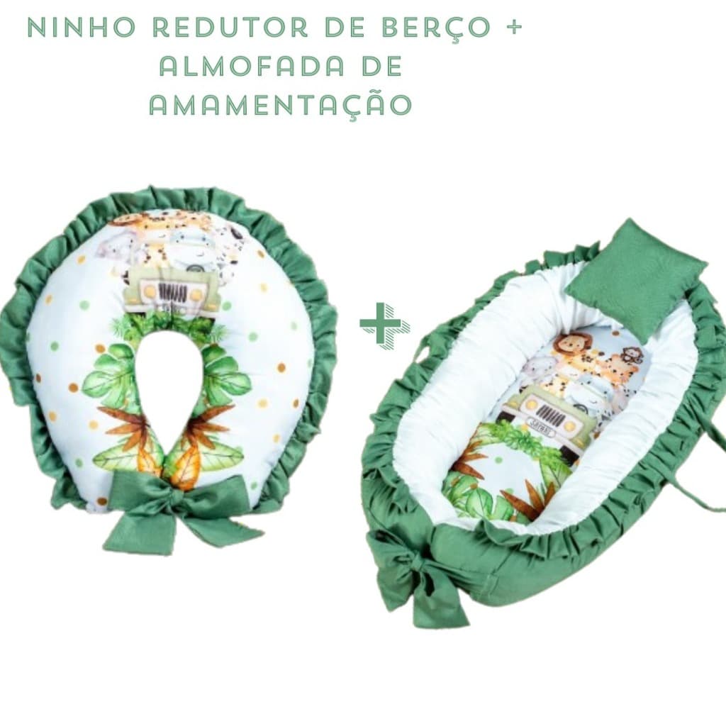 KIT NINHO REDUTOR DE BERÇO + ALMOFADA AMAMENTAÇÃO SAFARI VERDE MILITAR SUBLIMADO MENINO