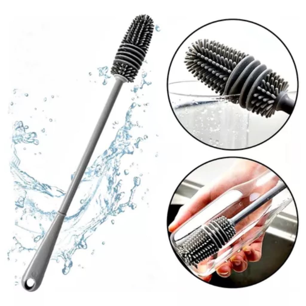 Escova Limpa Garrafa Copo Xícara Mamadeira Silicone 33 cm Cabo Longo Alça