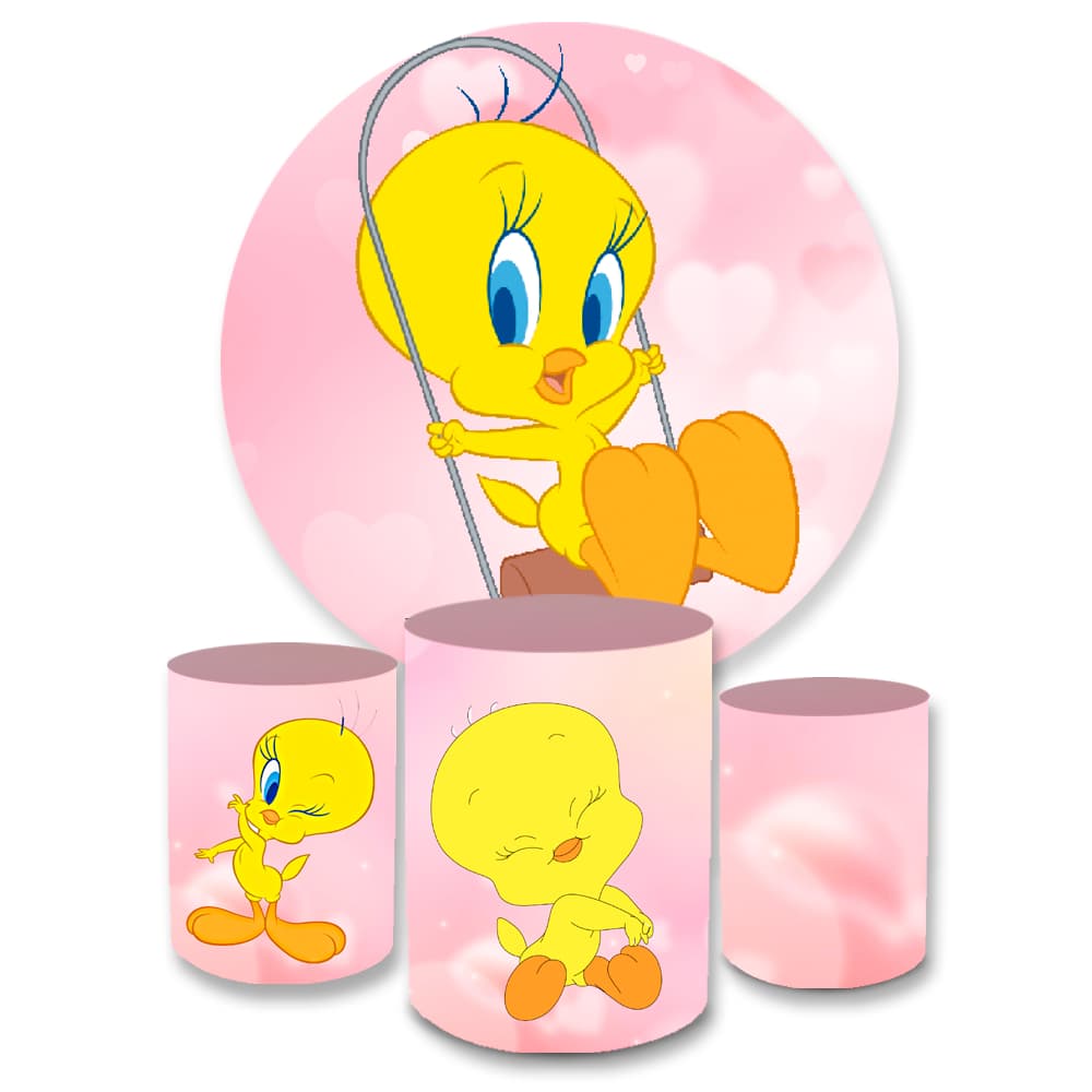 Kit Festa Capa Painel Redondo + Trio Capas de Cilindro Sublimados Tema Passarinho Piu Tweety Decorativo Infantil
