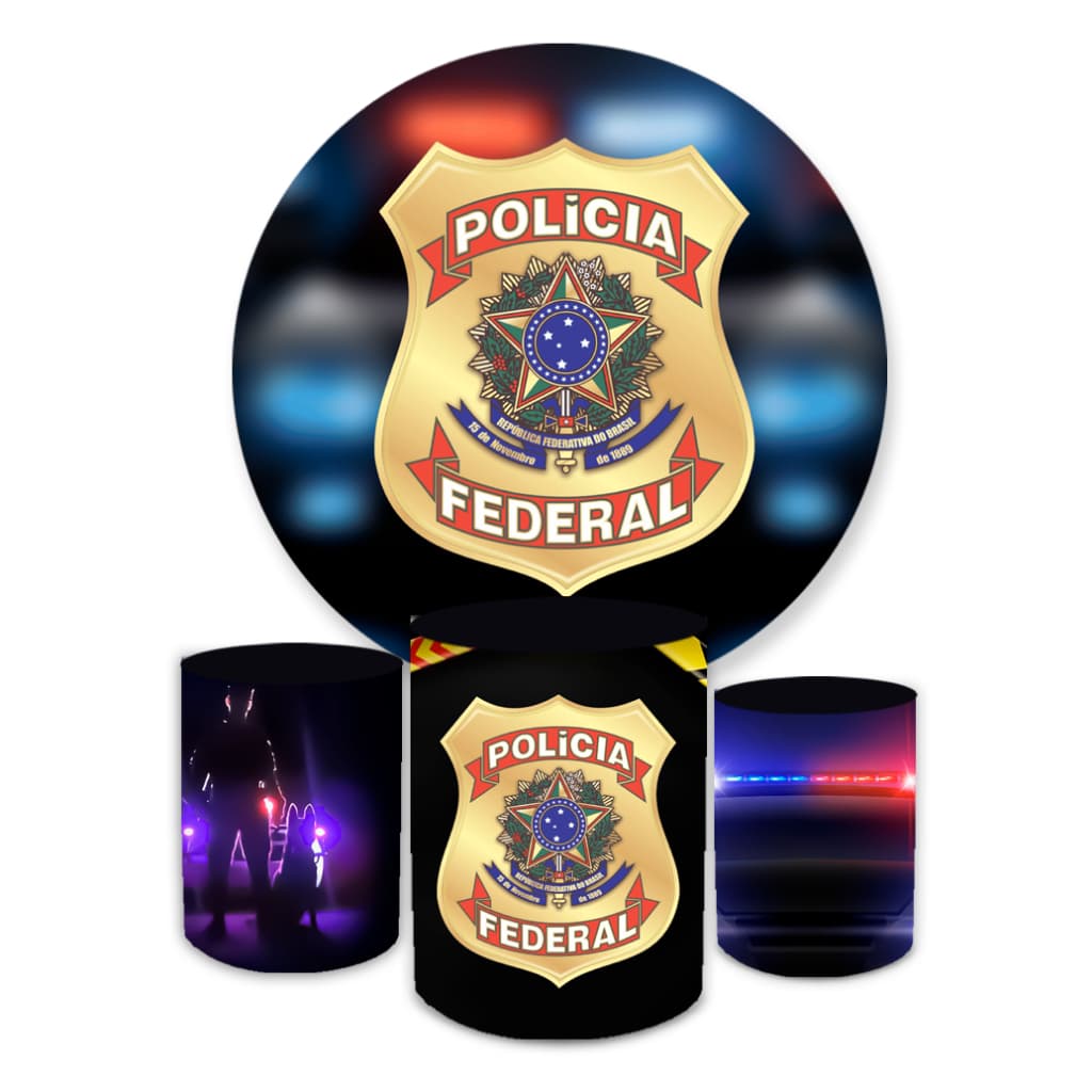 Kit Festa Capa Painel Redondo + Trio Capas de Cilindro Sublimados Tema Policia Decorativo Especial