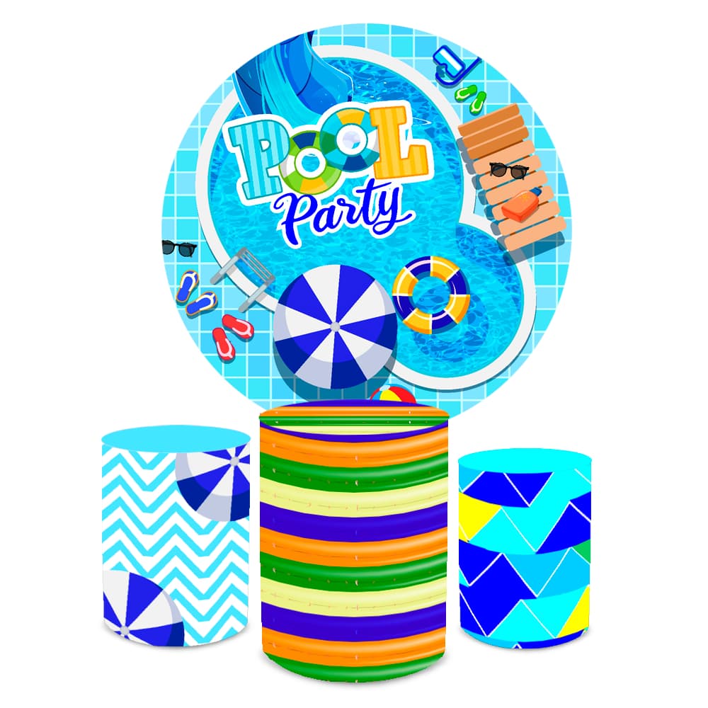 Kit Festa Capa Painel Redondo + Trio Capas de Cilindro Sublimados Tema Pool Party Curtindo Versão Decora