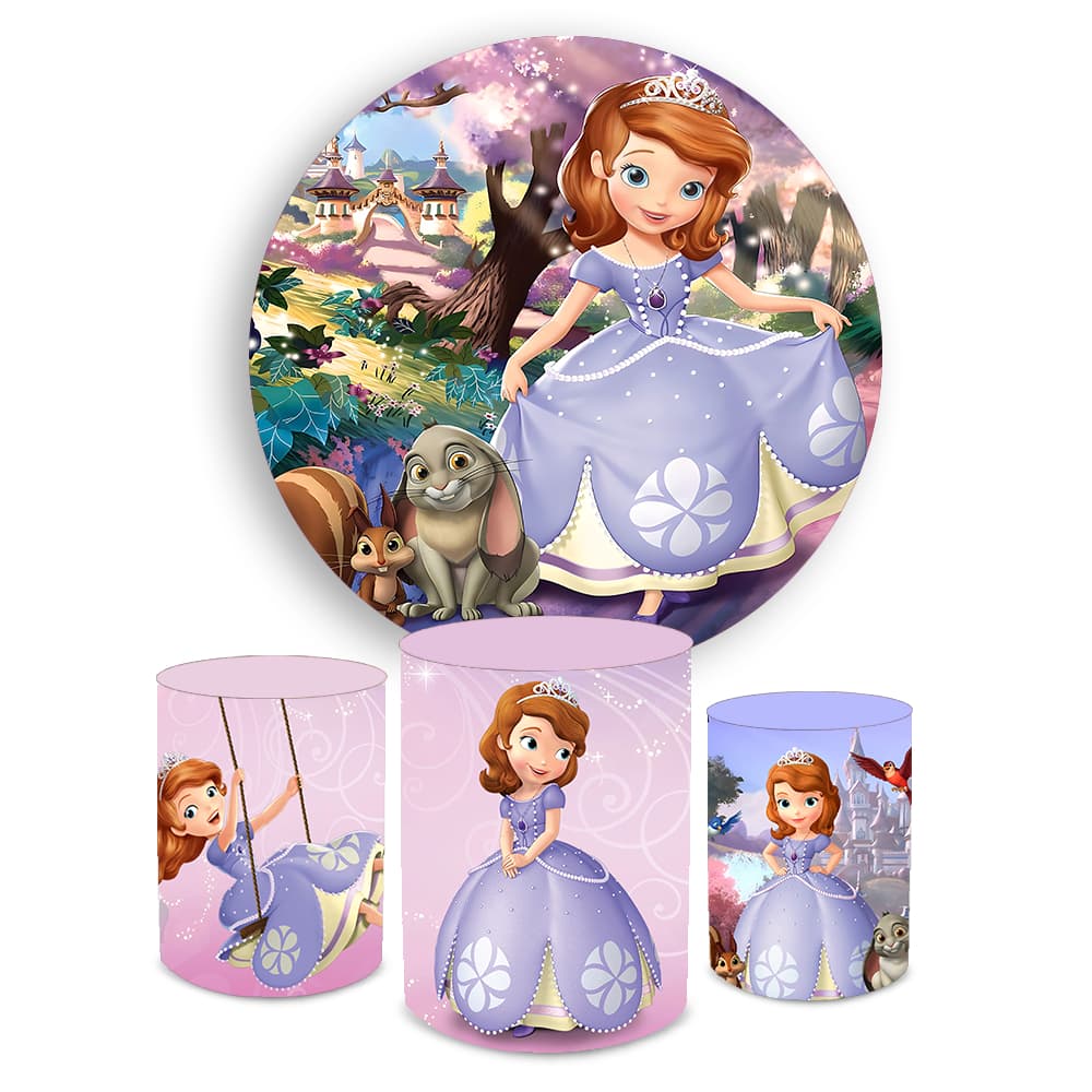 Kit Festa Capa Painel Redondo + Trio Capas de Cilindro Sublimados Tema Princesa Sofi Decoração Menina