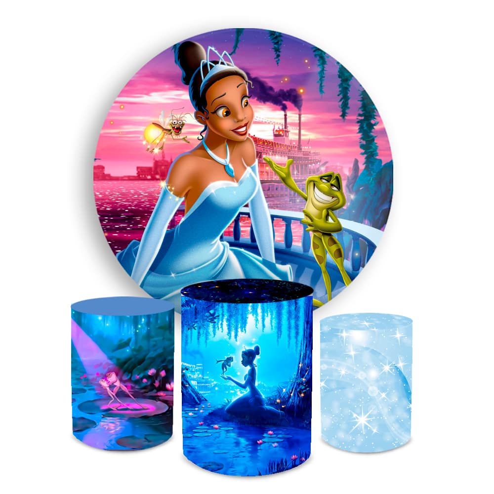 Kit Festa Capa Painel Redondo + Trio Capas de Cilindro Sublimados Tema Princesa Tian Decora