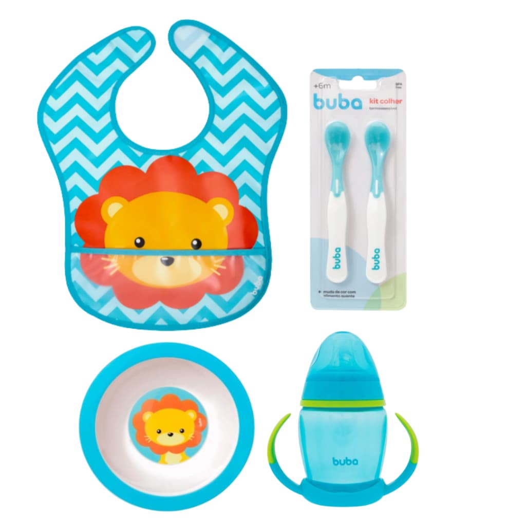 Kit Alimentação Bebê Buba Prato Infantil Bowl Babador Buba Colher de Treinamento Copo de Treinamento