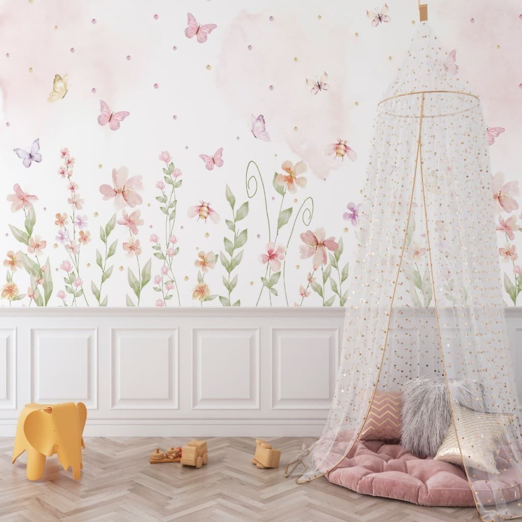 Papel de Parede Infantil Jardim Encantado Borboletas Boiserie - Quarto de menina 1x1