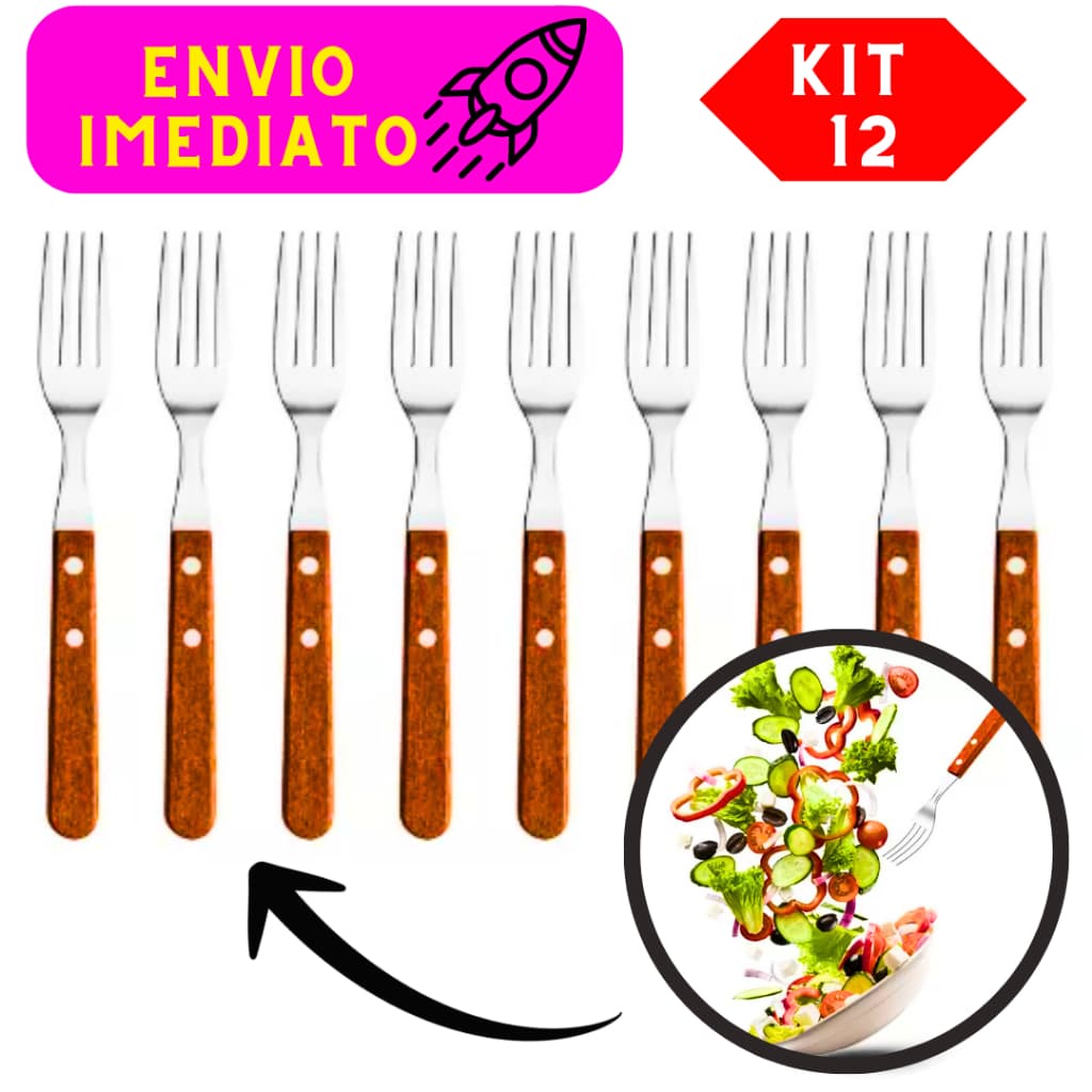 Kit 12 Garfos Cabo de Madeira Aço 100% Inoxidável de Alta Qualidade Praticidade na Cozinha Reforçado