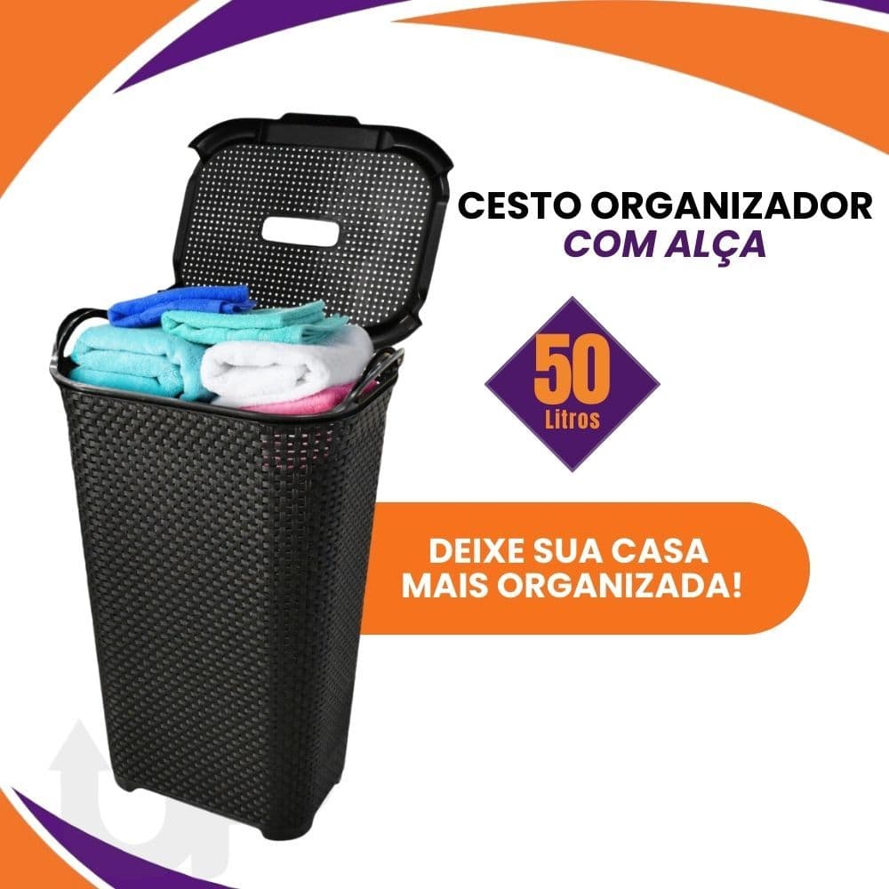 Cesto de Roupa Grande 50 Litros Com Alça Para Roupas Com Tampa Rattan