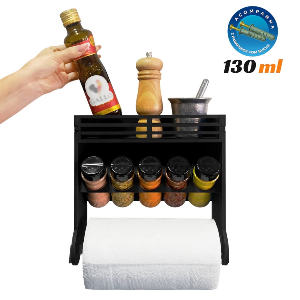Porta Tempero de Parede com Suporte Papel Toalha + 5 Potes 130ml Tampa Dupla com Buchas e Parafusos