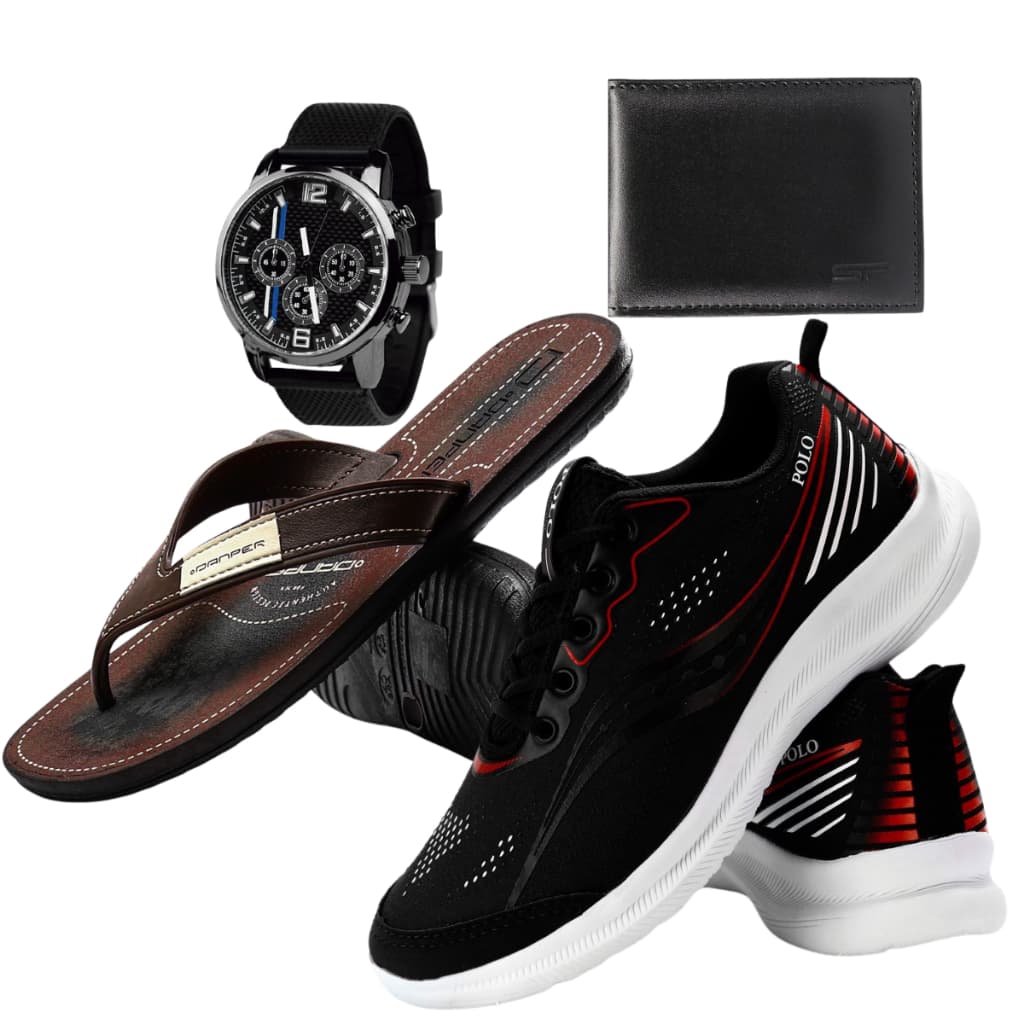 Kit Tênis Masculino Preto E Vermelho + Carteira + Relógio + Chinelo
