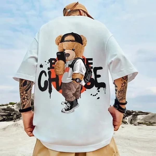 Camisa Algodao Premium Camiseta Básica Believe Change Teddy Bear Verao Tendência Moda 2024 Lançamento