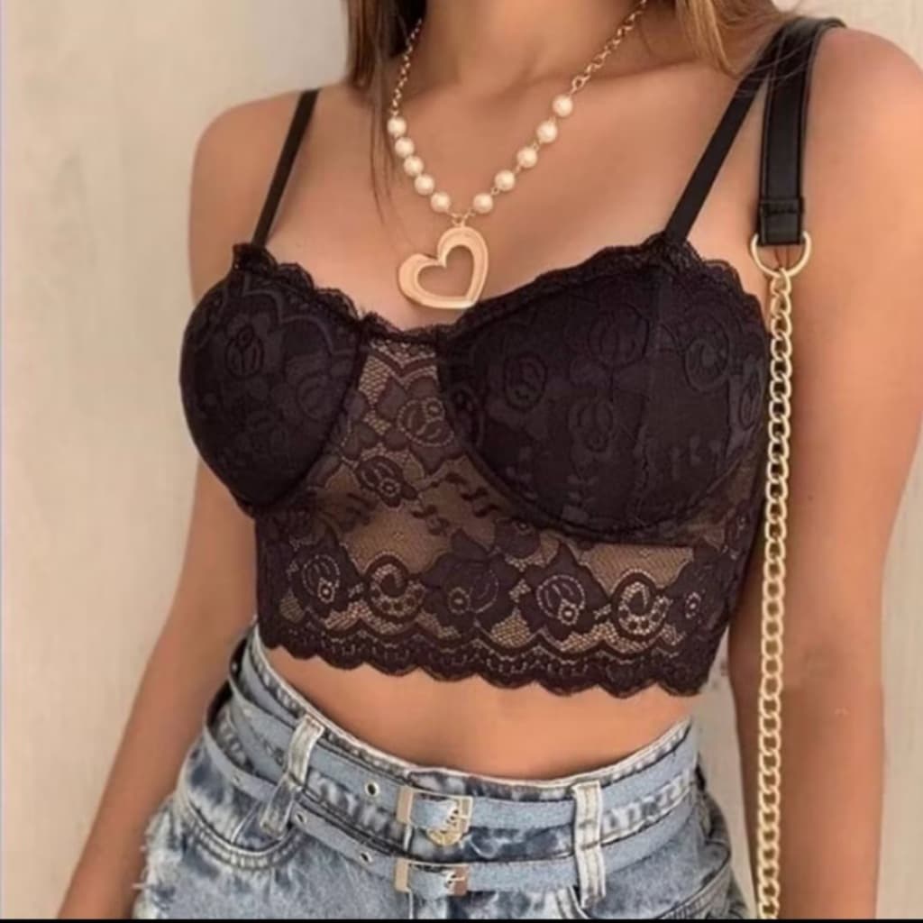 Top renda Cropped  femininas sutiã meia taça