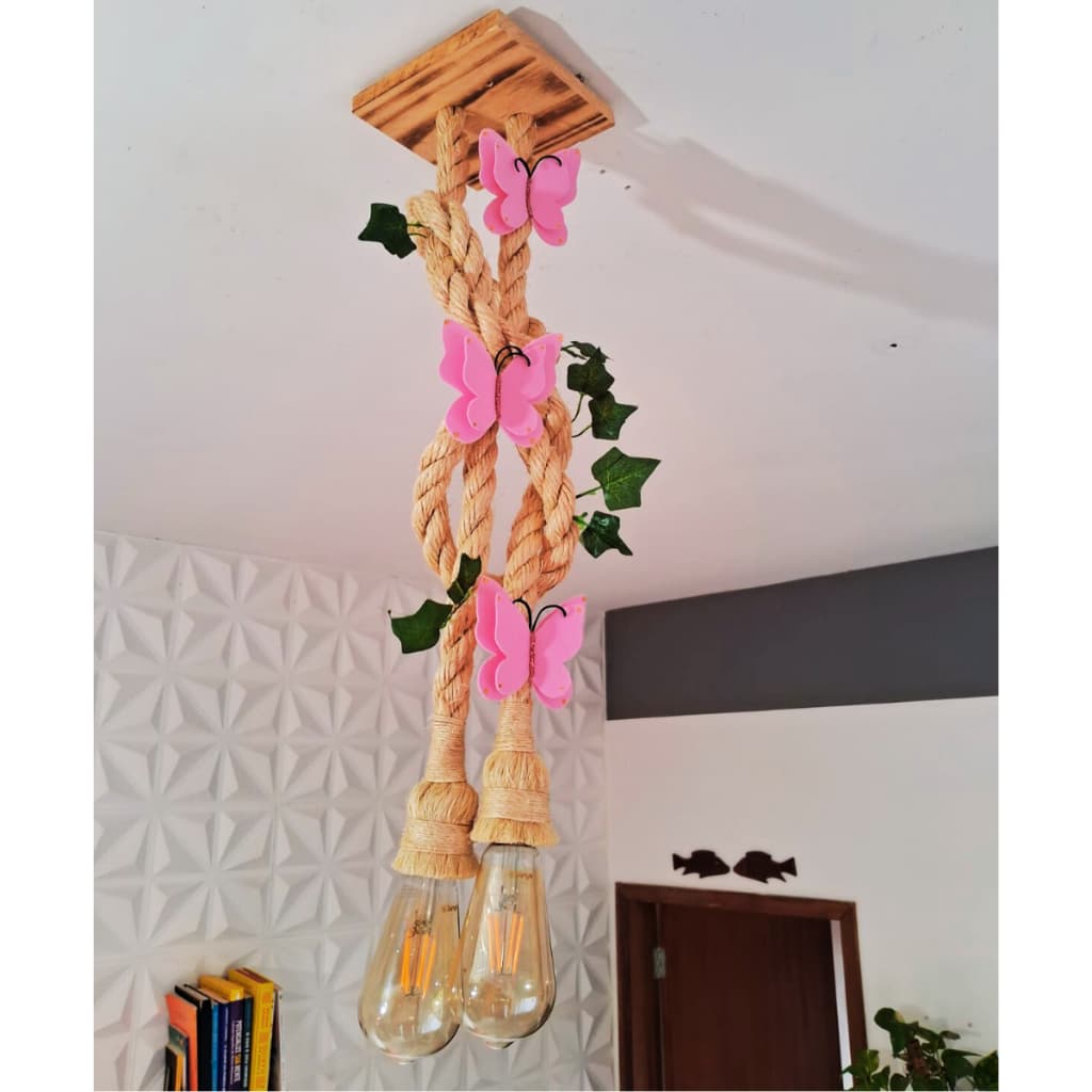 LUSTRE LUMINÁRIA DE TETO PENDENTE CORDA DECORAÇÃO QUARTO MENINA SAFARI BORBOLETA .