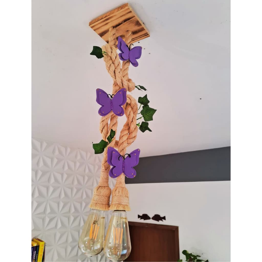 LUSTRE LUMINÁRIA DE TETO PENDENTE CORDA DECORAÇÃO QUARTO MENINA SAFARI BORBOLETA .