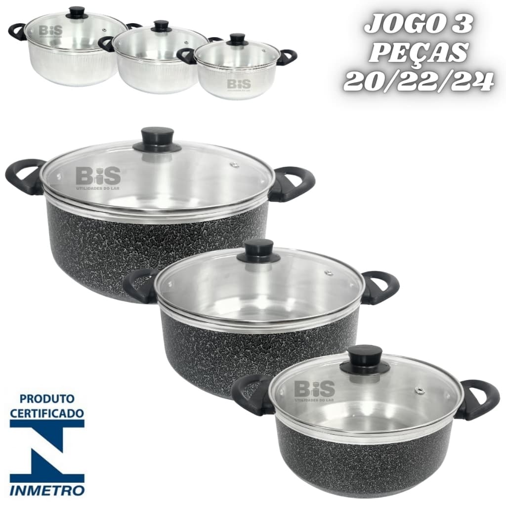 Jogo de Panela 3 Peças Com Tampa de Vidro Kit Caçarola 20/24 Em Aluminio Polido ou Preto Craqueado