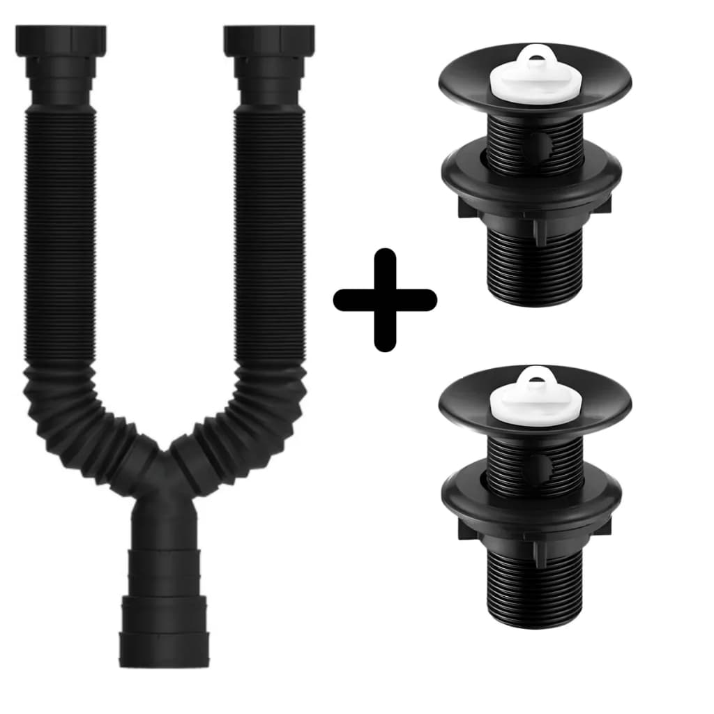 Sifão Sanfonado Duplo Preto + 2 Válvula Pia Lavatório e Tanque PVC Preta Kit Cifao Duplo Sifrao Lavabo