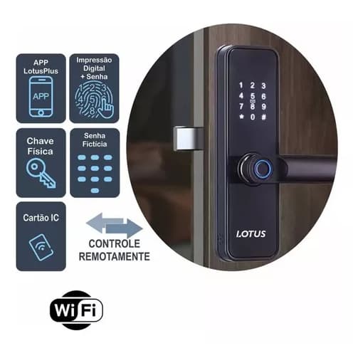 Fechadura Digital Semi Automática Wi-Fi Preto Lotus - Abre Com Senha, Digital, Cartão, Chave e Wifi