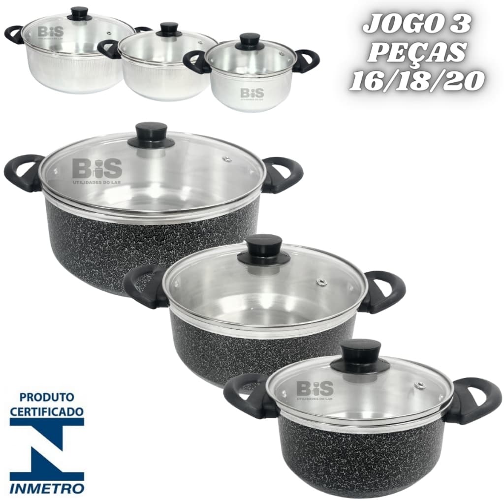Conjunto de Panela 3 Peças Com Tampa de Vidro Kit Caçarola 16/20 Aluminio Polido ou Preto Craqueado