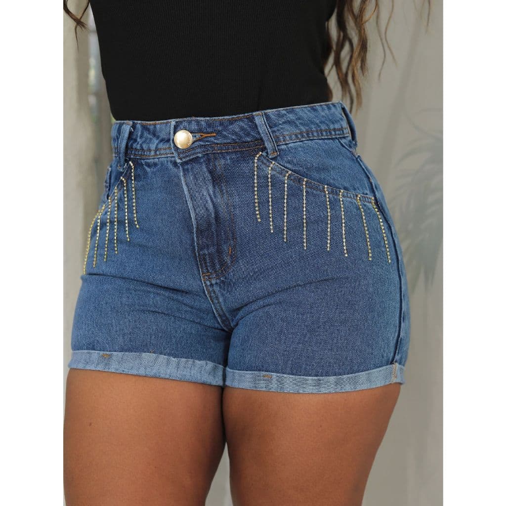 Short Jeans Feminino com Brilho Barra dobrada