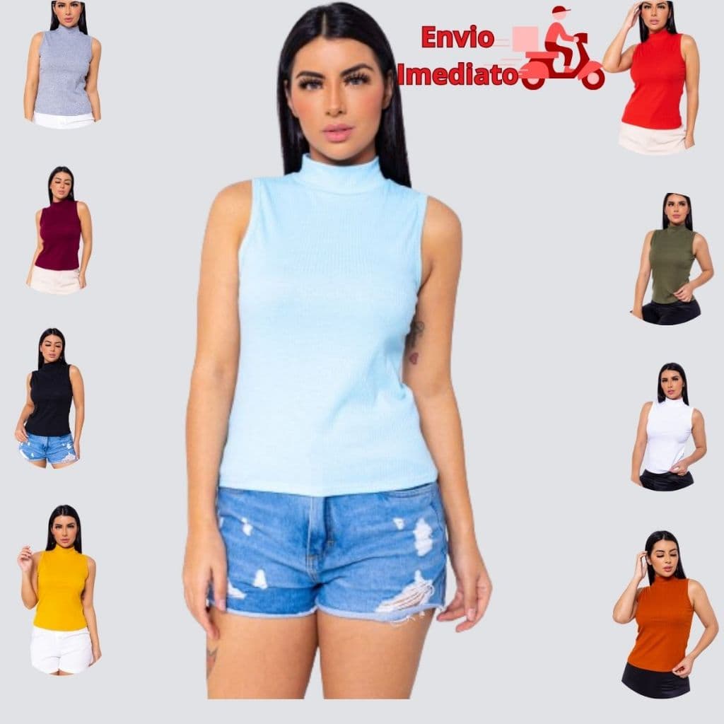 Regata Básica Gola Alta Sem Bojo Feminina Blusinha Camiseta Canelada Multiuso Moda Fashion