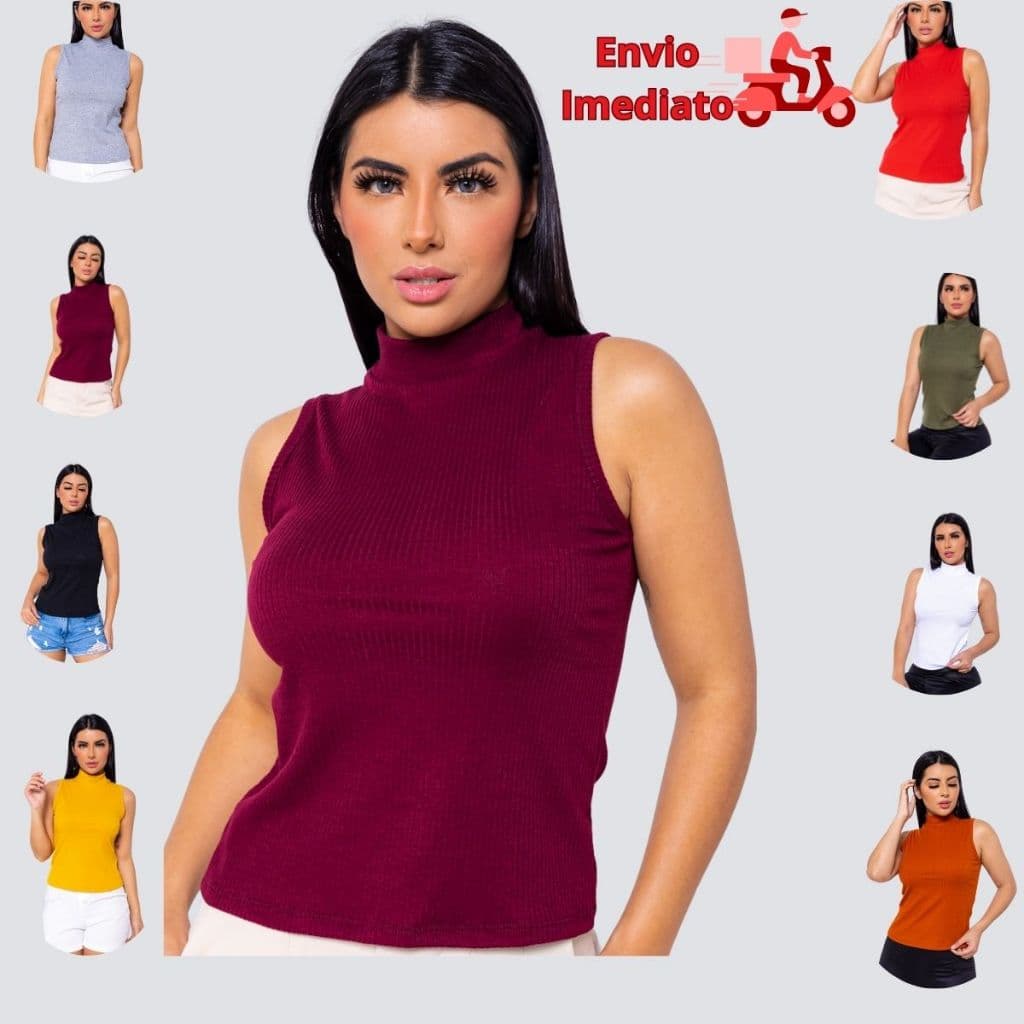 Regata Canelada Gola Alta Sem Bojo Blusinha Feminina Roupa Primavera Verão Fahion