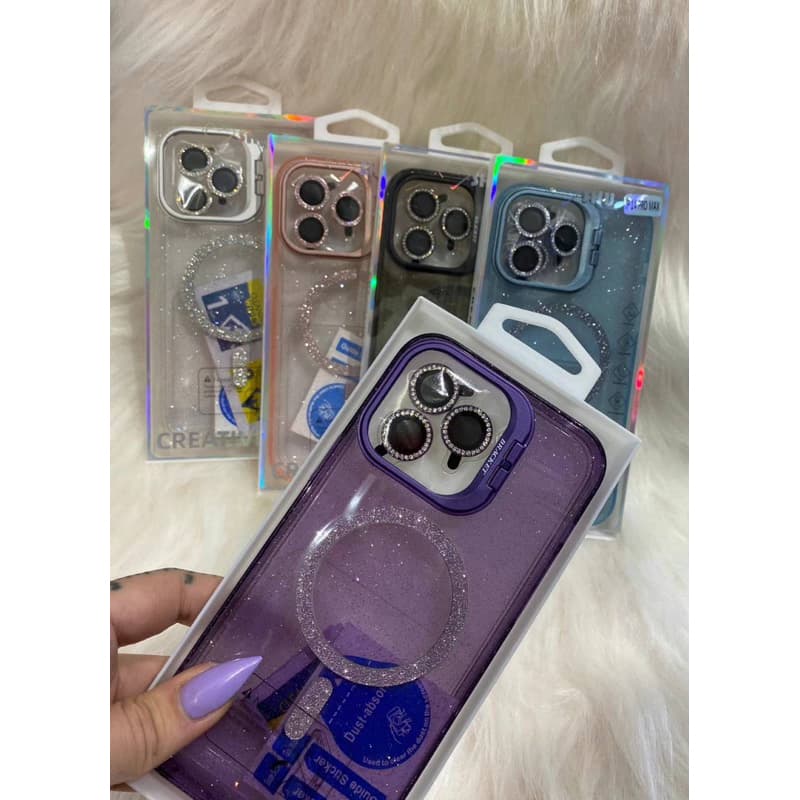 Lente Metálica Eco-Case 2 Nova Capa De Suporte De  Para iPhone Com MagSafe e Glitter 15 14 13 12 11promaxPlus Dura