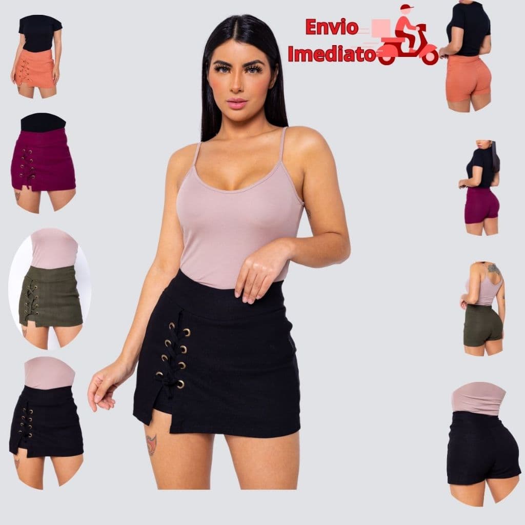 Shorts Saia Casual Shortinho Feminino Bengaline ilhós Zíper Lateral Bermuda Moda Casual Short Blogueira Promoção