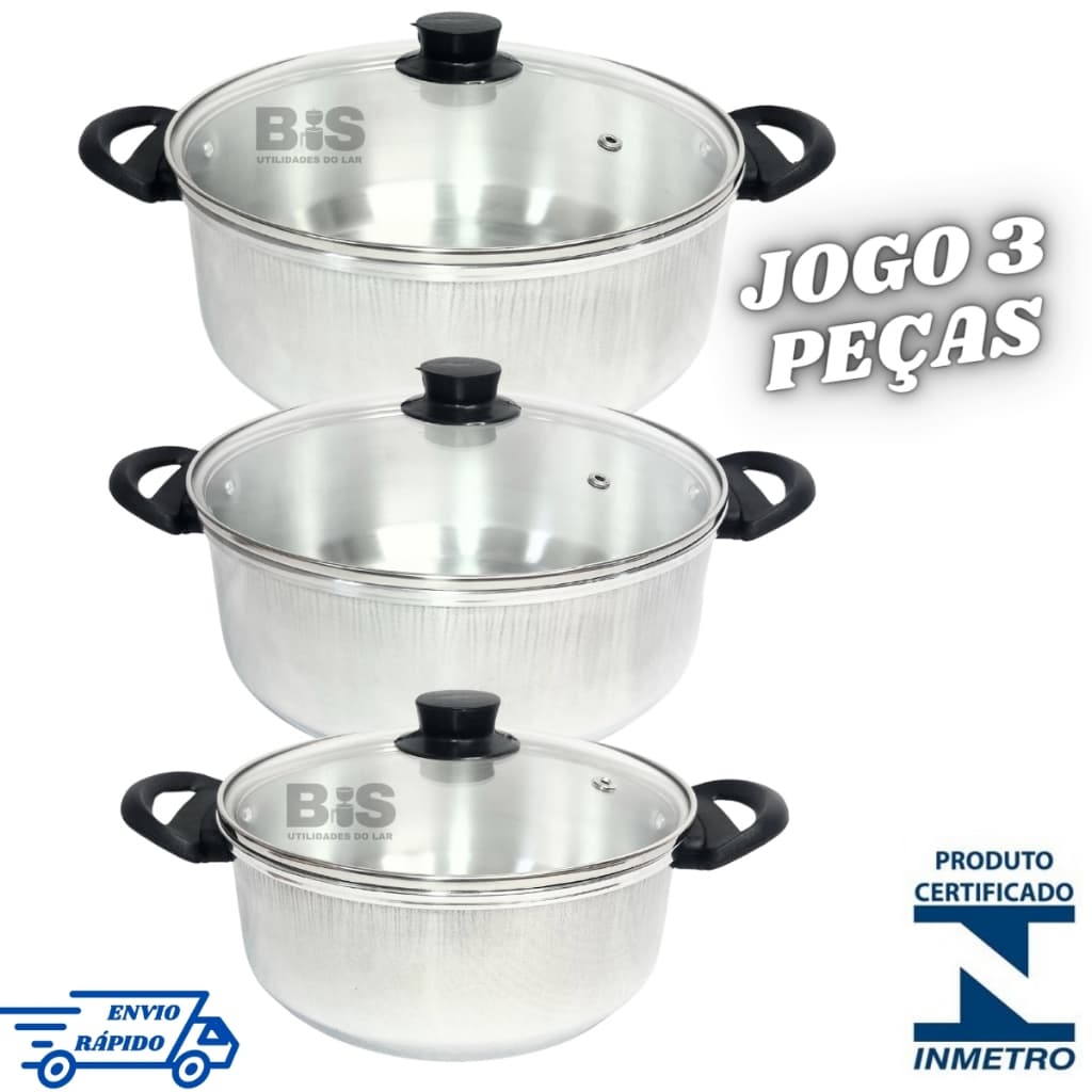 Conjunto de Panela com Tampa de Vidro Jogo 3 Peças Kit Caçarola N16-18-20 Ou 20-22-24 Polida