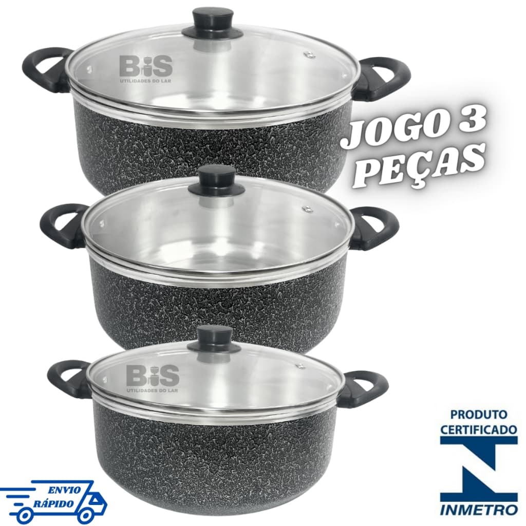 Jogo de Panela com Tampa de Vidro 3 Peças Conjunto Kit Caçarola N16-18-20 Ou 20-22-24