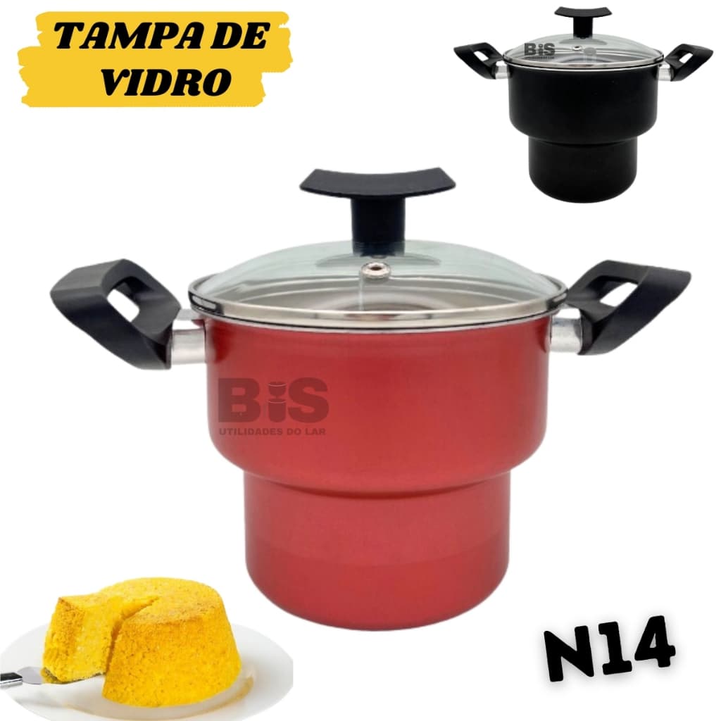 Cuscuzeiro Antiaderente Com Tampa De Vidro N14 Nordestino Mini Cuscuzeira Teflon Preta ou Cereja