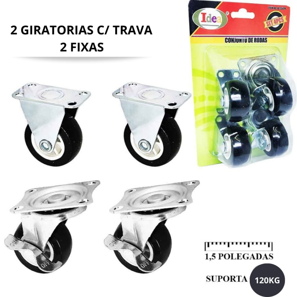 Rodinhas Rodas Rodizio Giratório Kit 4 Unidades Reforçado 1,5 Polegadas Com Freio em 2 Rodas Anti Risco Para Moveis