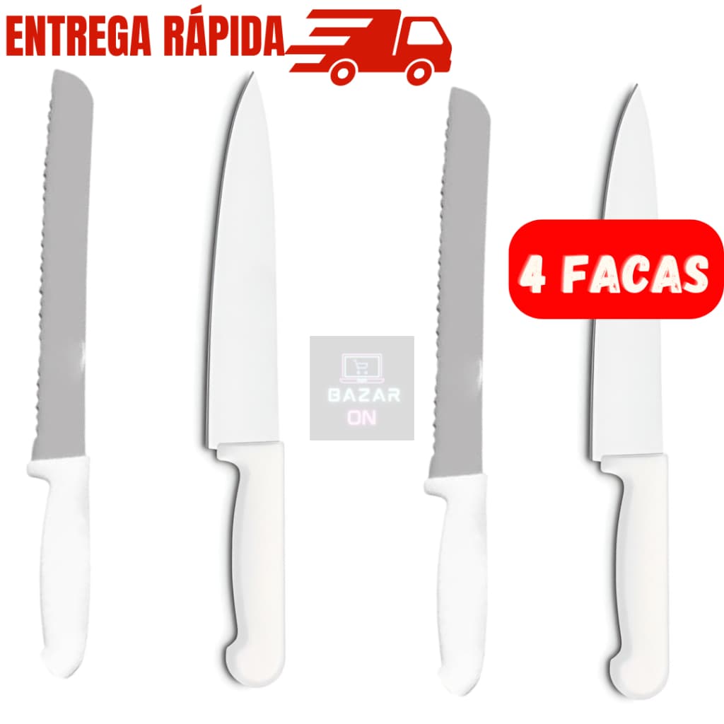 Kit 4 Facas Para Pão Serra Inox + Faca Peixeira Para Churrasco Afiado Inox Cozinha 7”