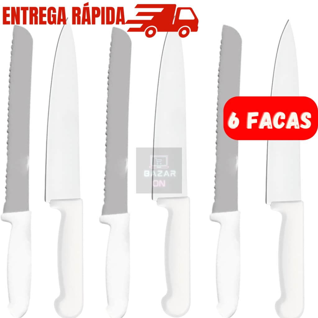 Kit 6 Peças Facas Para Pão Serra Inox + Faca Peixeira Para Churrasco Afiado Inox Cozinha 7”