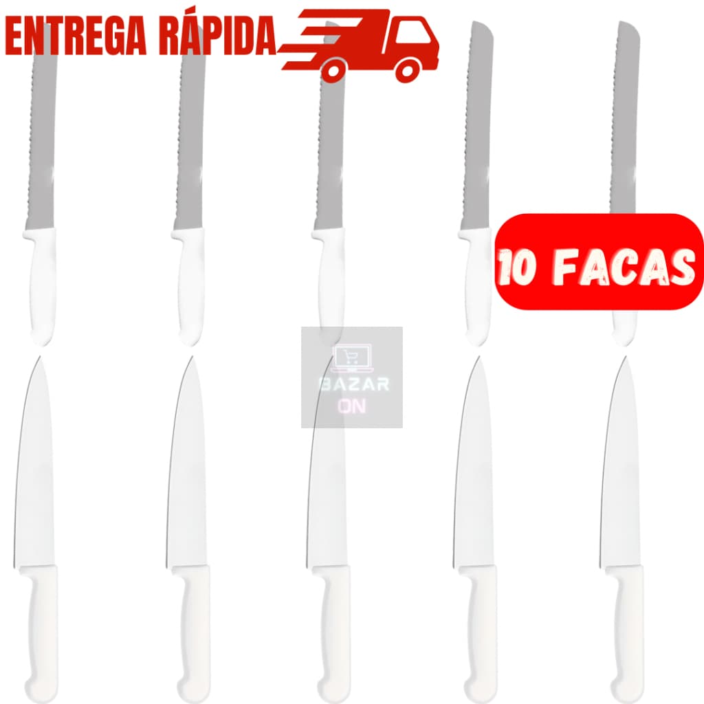 Kit 10 Peças Facas Para Pão Serra Inox + Faca Peixeira Para Churrasco Afiado Inox Cozinha 7”