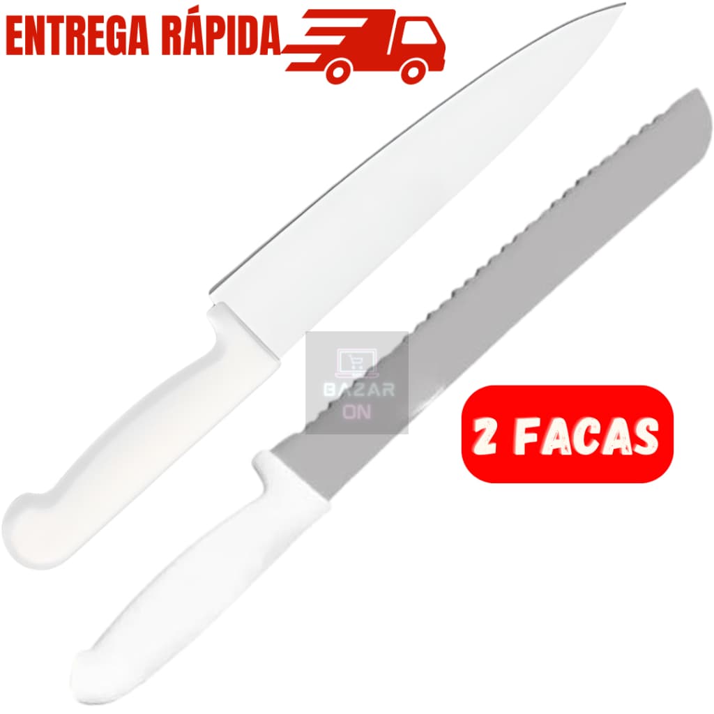 Kit 2 Peças Facas Para Pão Serra Inox + Faca Peixeira Para Churrasco Afiado Inox Cozinha 7”