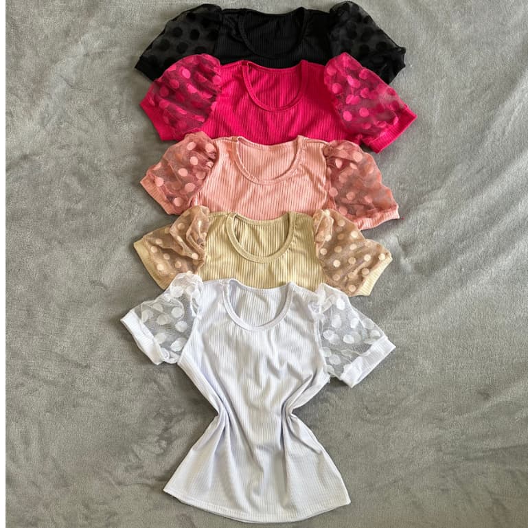 Blusa infantil Manga Princesa Bufante Tule Canelada Manga Curta Lisa Branca Rose Preta  Rosa Vermelha