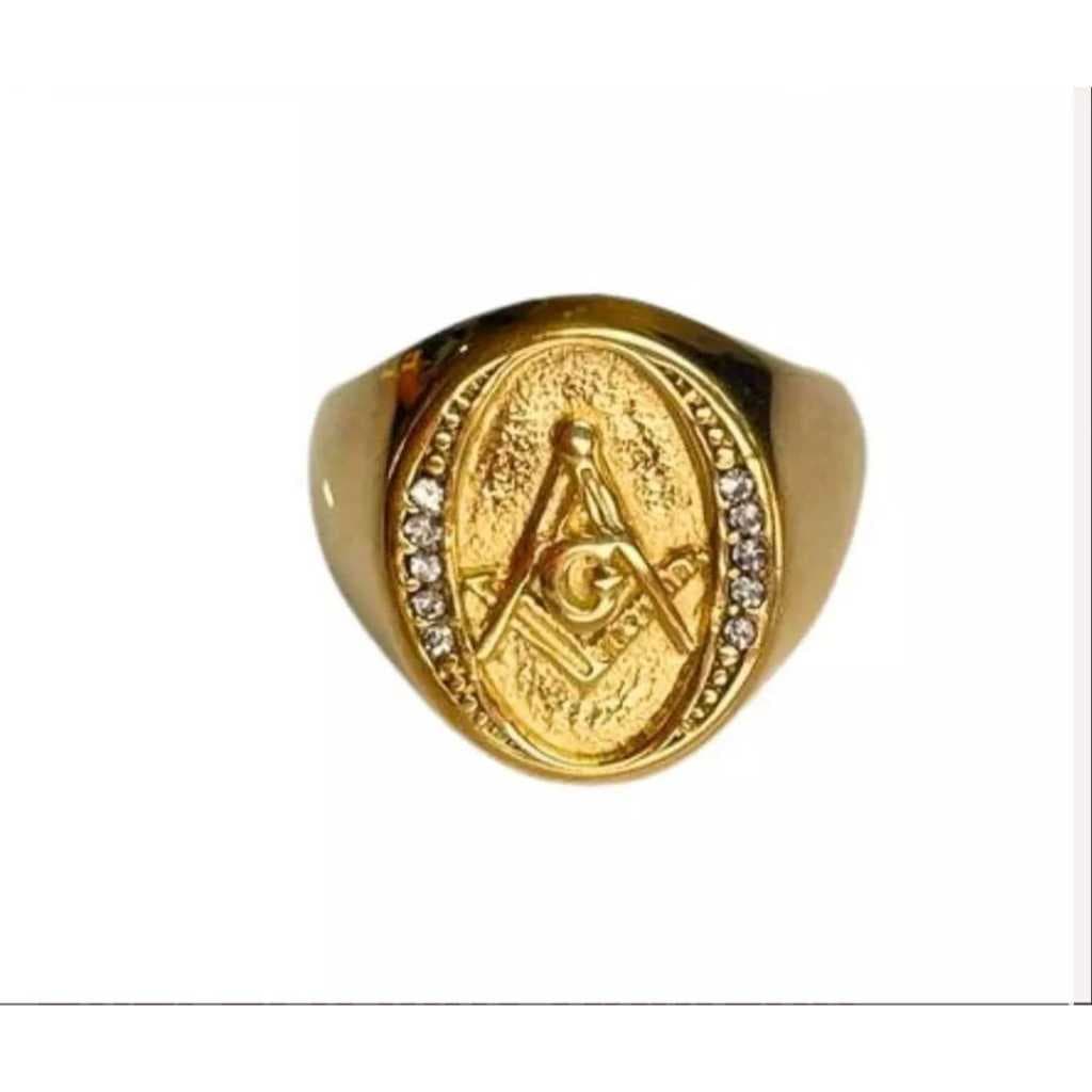 Anel  Dourado Maçonaria Oval Strass - aço inox