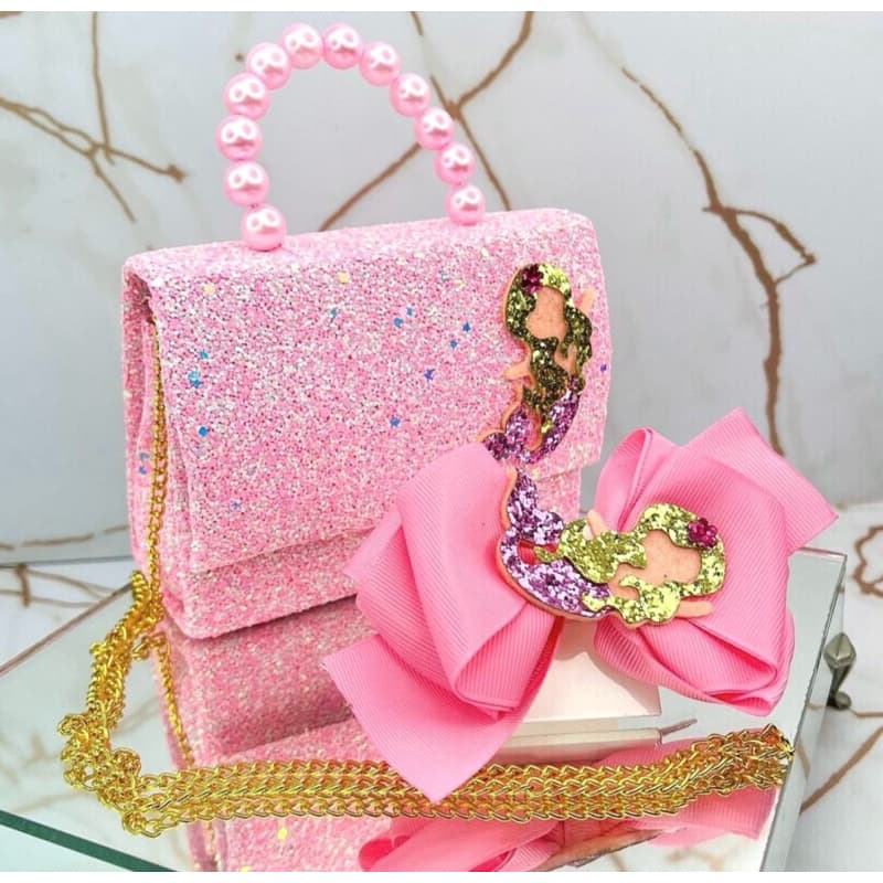 Laço Sereia e Bolsa Infantil Menina Presente Kit de Laço Rosa Luxo Glitter