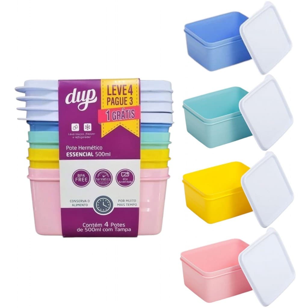 Kit 4 Potes Herméticos DUP Essencial 500ml Plástico Livre de BPA