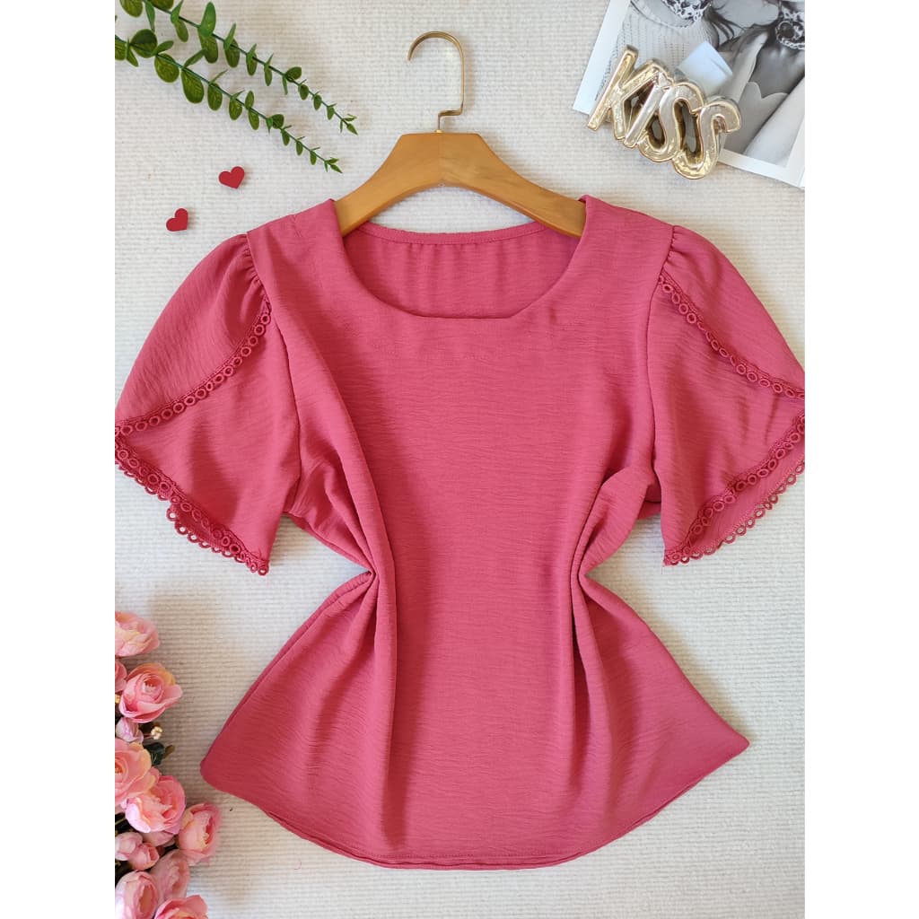 YW & X MODA    blusa feminina manga curta com renda tecido duna